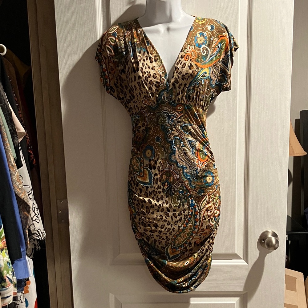 Body Central Brown Leopard & Teal Paisley Surplice Mini Dress